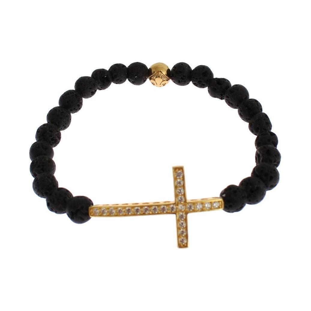 Nialaya Lava Stone Gold Clear CZ Cross 925 Silver Bracelet