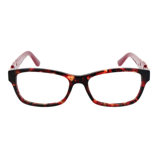 Guess Red Women Glasses Frame in acetate, rectangle style, full-rim, size 51-16-145, with demo plastic lenses and branded case included.