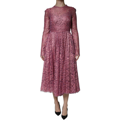 Dolce & Gabbana Pink Floral Lace Long Sleeve Midi Dress