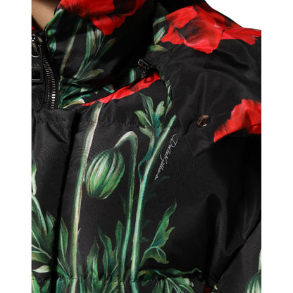 Dolce & Gabbana Black Floral Polyester Hooded Quilted Jacket