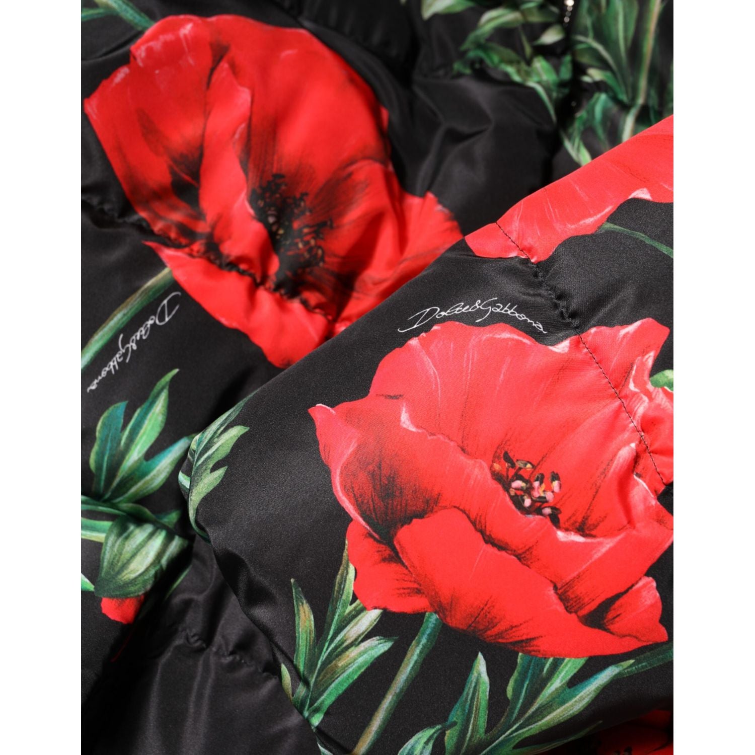 Dolce & Gabbana Black Floral Polyester Hooded Quilted Jacket