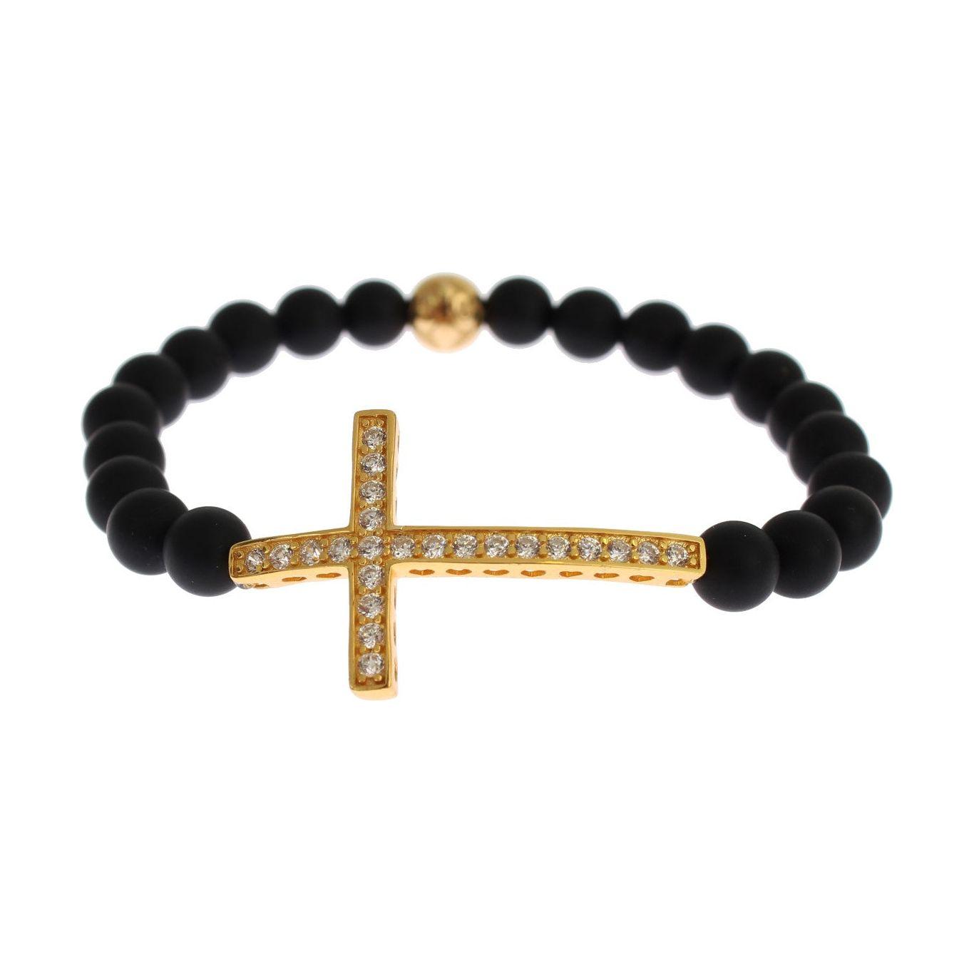 Nialaya Matte Onyx Stone Gold CZ Cross 925 Silver Bracelet Bracelet