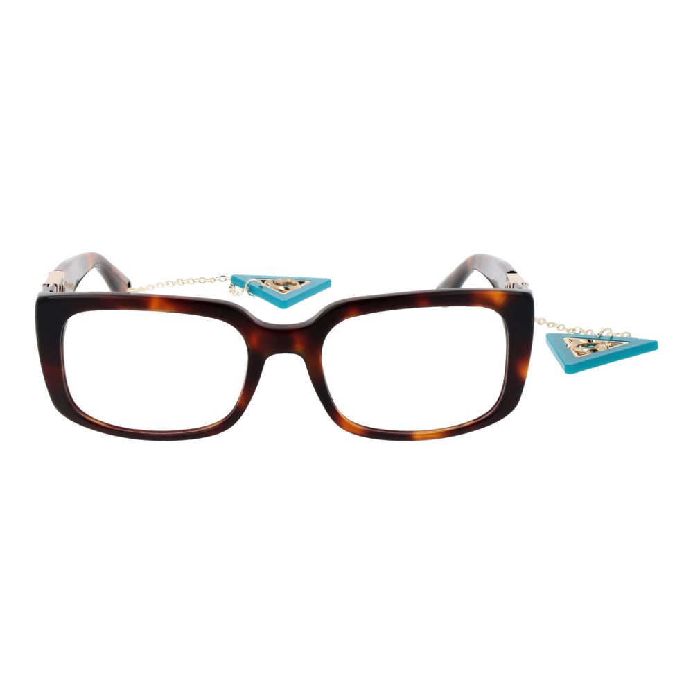 Guess Brown Women Glasses Frame with rectangle acetate design and eyewear chain, full-rim style, size 53-19-145, demo lenses included.