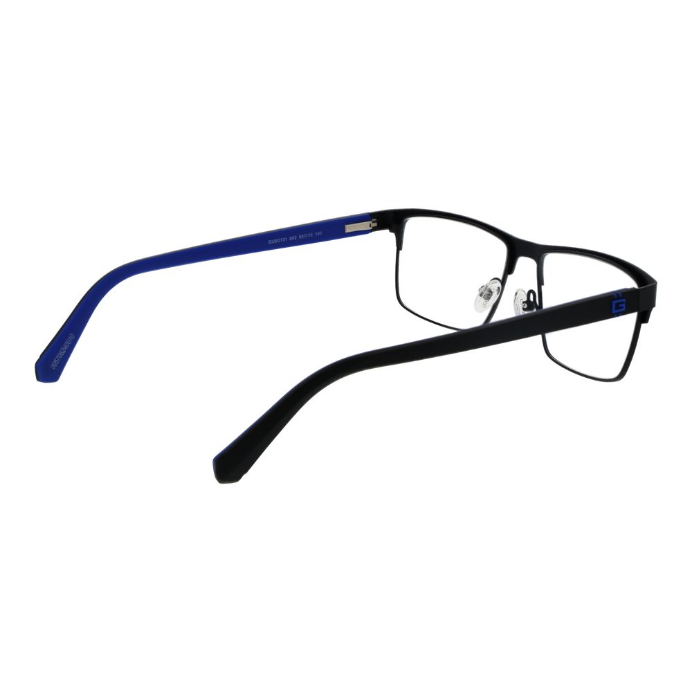 Guess Black Men Glasses Frame with full-rim metal design, demo plastic lenses, spring hinge, and branded case included.