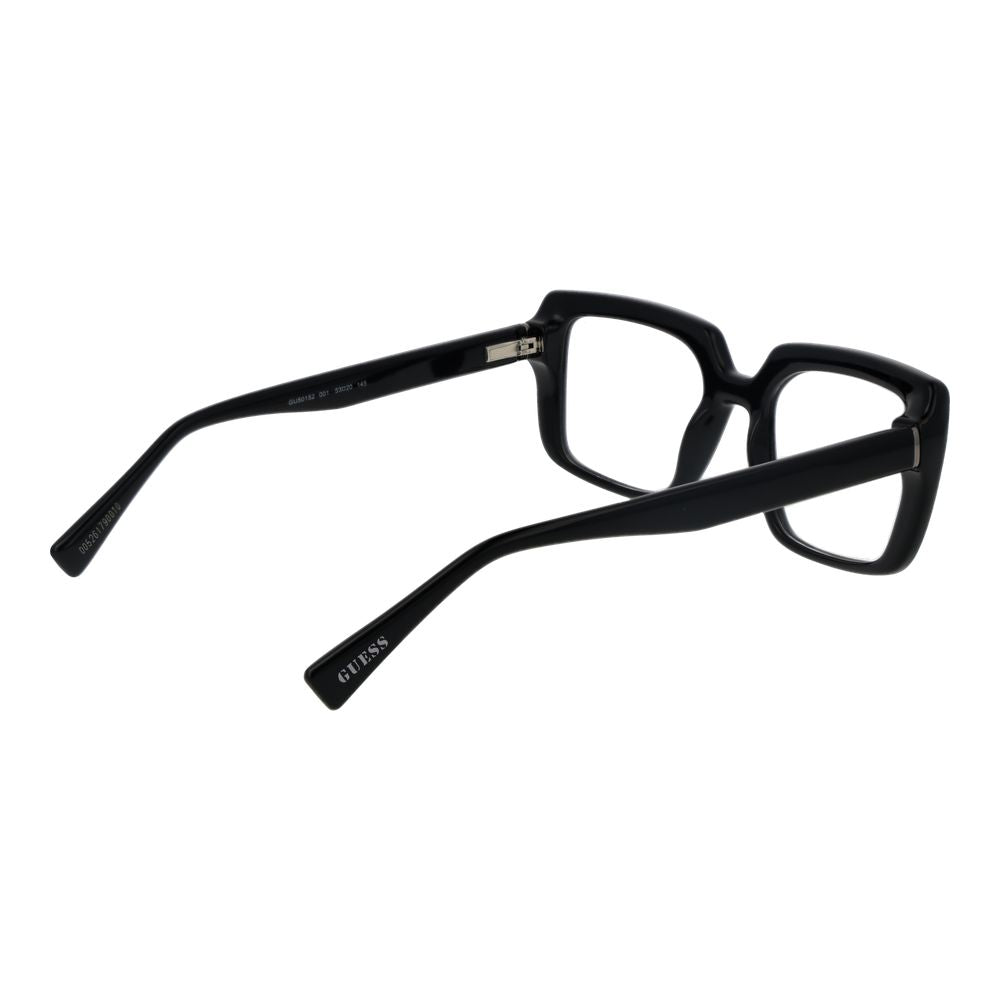 Guess Black Unisex Glasses Frame in full-rim rectangle style with plastic material, shown with temples and branded detail.