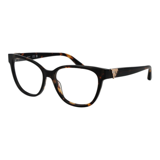 Guess Brown Women Glasses Frame, full-rim acetate butterfly style with demo lenses and spring hinge, includes branded case.