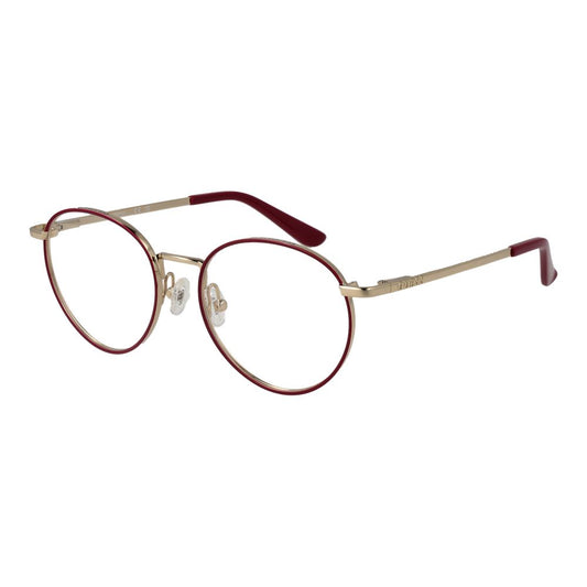 Guess Red Women Glasses Frame, full-rim round style, red metal frames, demo plastic lenses, 50-18-140 size, branded case included.