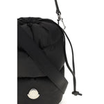 Moncler Caradoc Bucket Bag featuring water-repellent nylon, adjustable leather shoulder strap, and drawstring closure for versatile use.