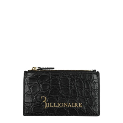 Billionaire Italian Couture Black Crocodile Cardholder with front logo and gold accents, leather material, 7.5x13 cm dimensions.