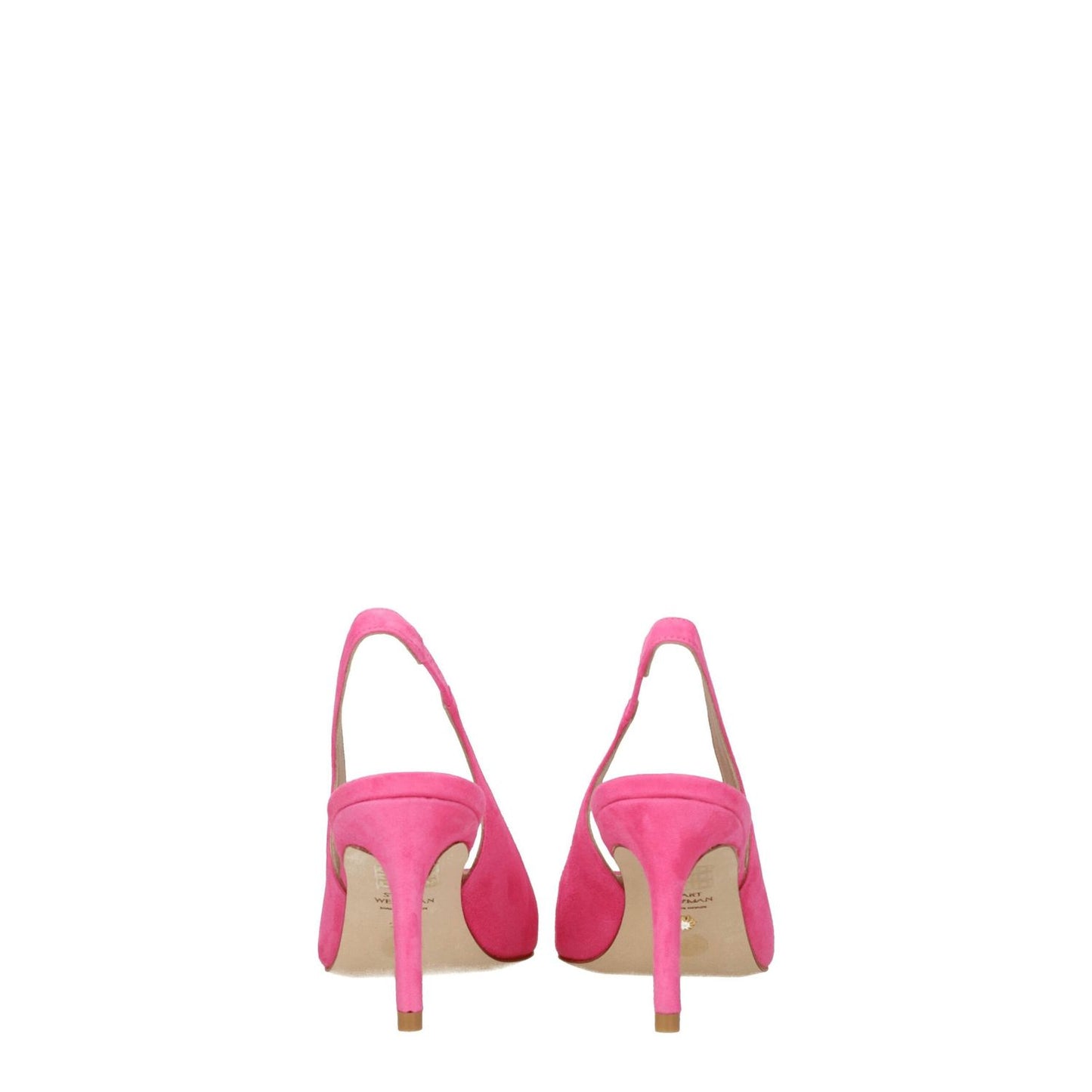 Rear view of Stuart Weitzman Pink Leather High Heel Pumps with pointy toe and mid heels.