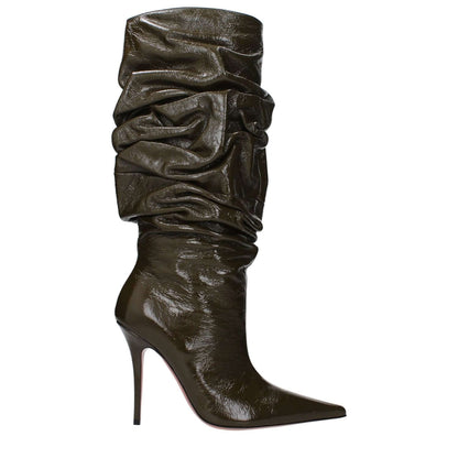 Amina Muaddi Green Leather High Heel Boots with aged effect and pointy toe, featuring a 10.5 cm high heel and leather sole.