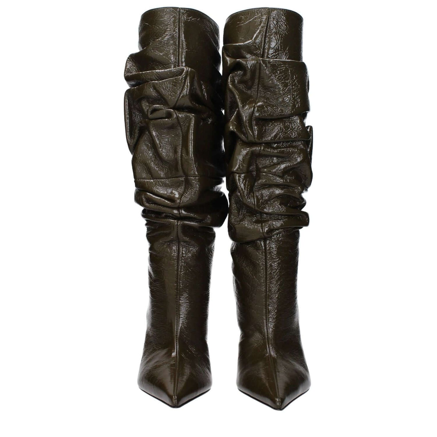 Amina Muaddi Green Leather High Heel Boots with vintage effect, pointy toe, and mud accents. MPN: ANOKBOOTIECRACKLEMUD