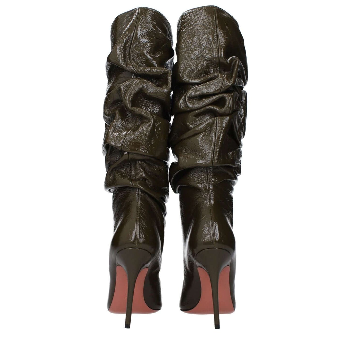 Amina Muaddi Green Leather High Heel Boots with pointy toe, featuring aged and vintage effect design, 10.5 cm heel, rear view.