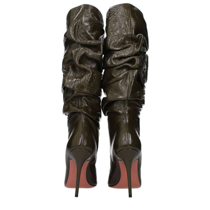 Amina Muaddi Green Leather High Heel Boots with pointy toe, featuring aged and vintage effect design, 10.5 cm heel, rear view.