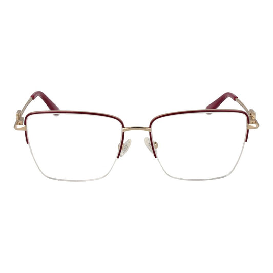 Guess Red Women Glasses Frame, metal half-rim with demo lenses, red color, rectangle style, includes branded case.