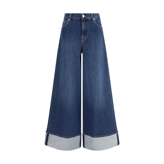 7FOR Blue Cotton Jeans Denim with wide leg and turn-up hem detailing, classic five-pocket design, perfect for modern look.