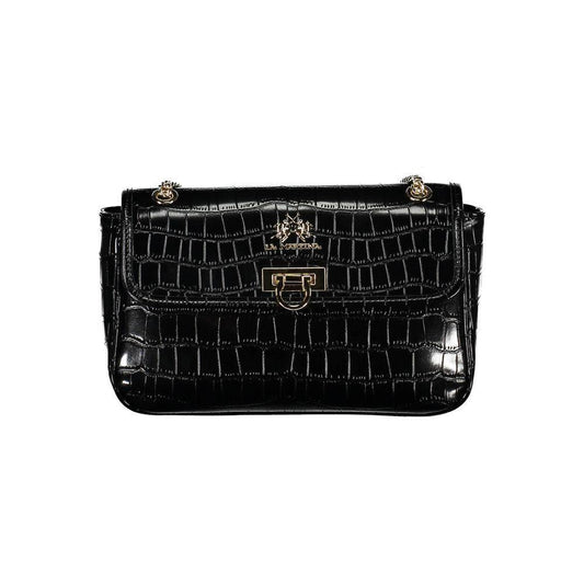 La Martina Black Polyethylene Handbag with chain shoulder strap, contrasting details, and logo on textured flap.