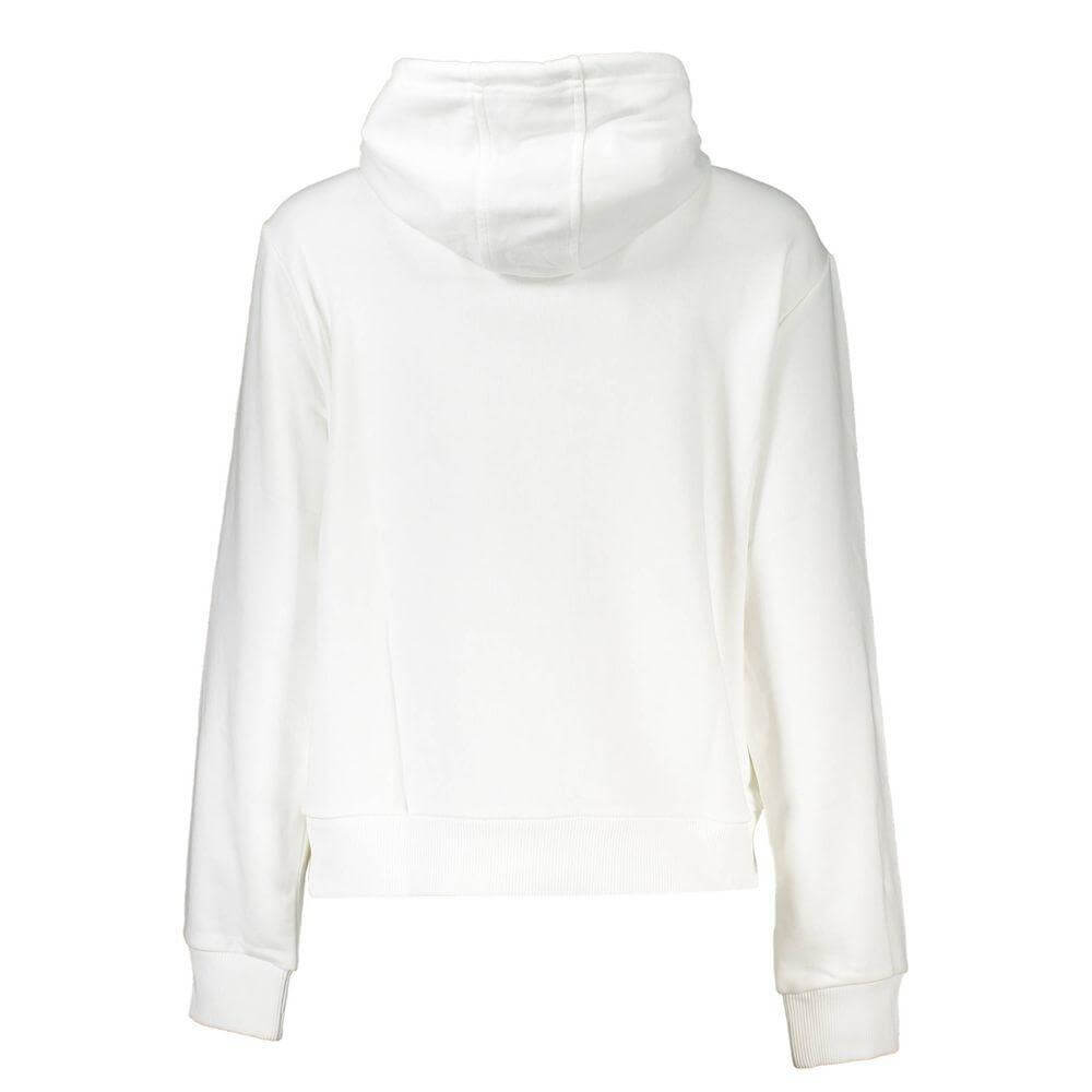 Back view of Cavalli Class White Cotton Sweater with hood and long sleeves, featuring brushed fabric and logo print design.