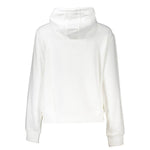 Back view of Cavalli Class White Cotton Sweater with hood and long sleeves, featuring brushed fabric and logo print design.