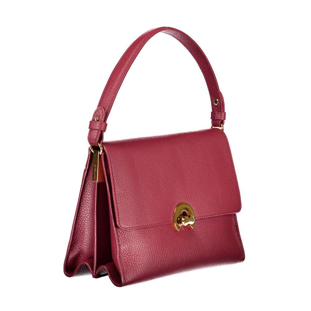 Coccinelle Red Leather Handbag with removable shoulder handle, adjustable strap, exterior pocket, two compartments, and switch closure.