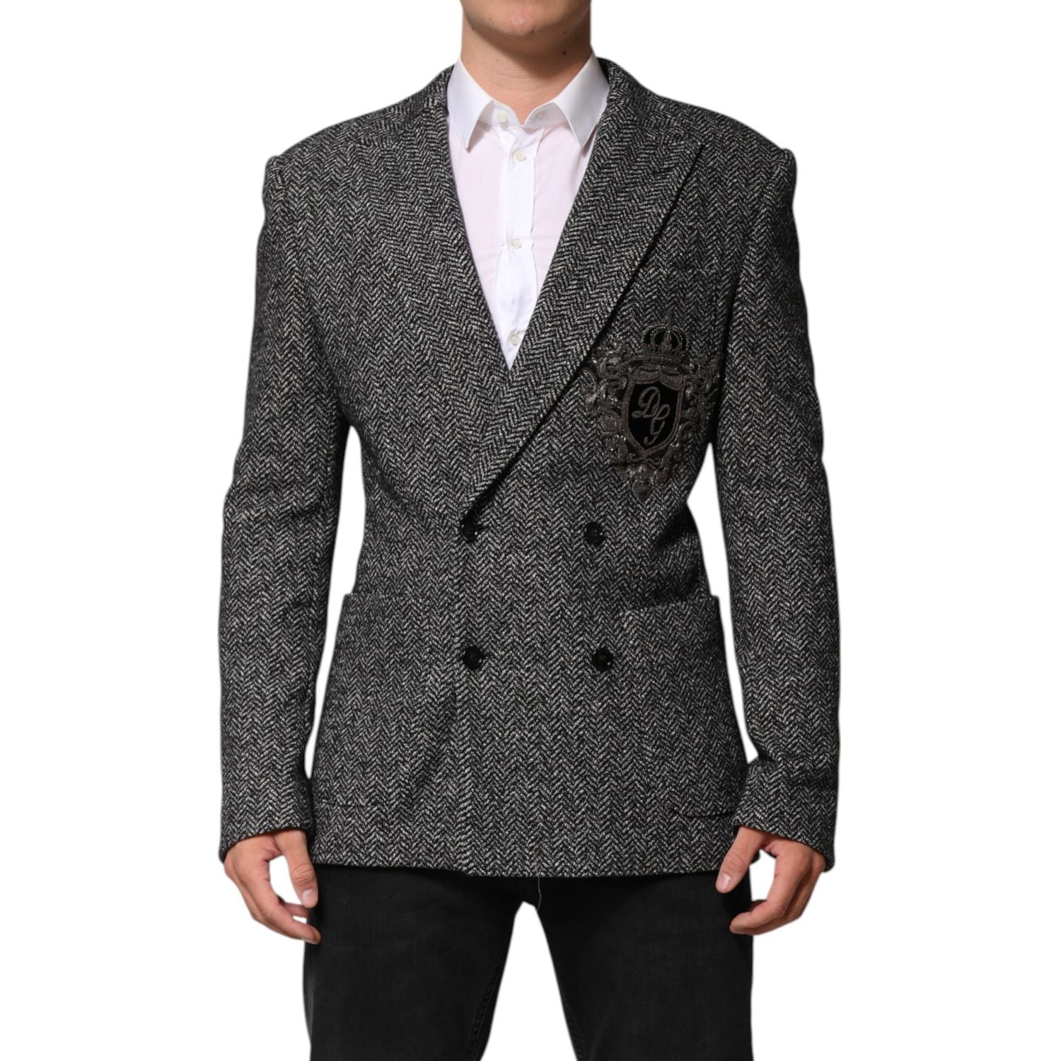 Dolce & Gabbana Dark Gray White Double Breasted Men Suit Blazer