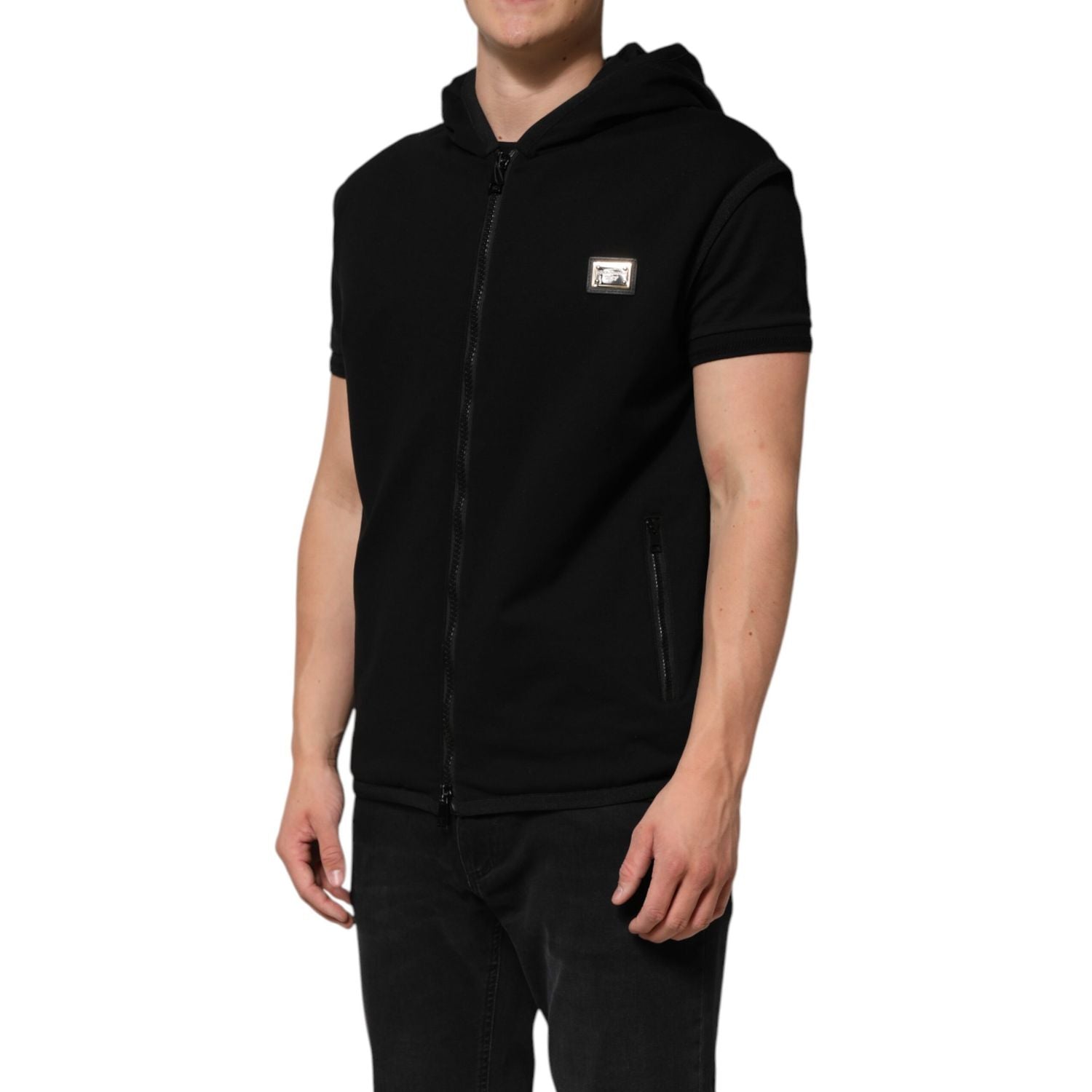 Dolce & Gabbana Black Sleeveless Hooded Logo Plaque Jacket