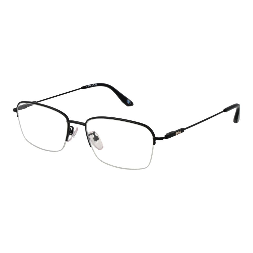 BMW Black Men Glasses Frame, titanium half-rim rectangle style with demo lenses, size 56-18-145, includes branded case.