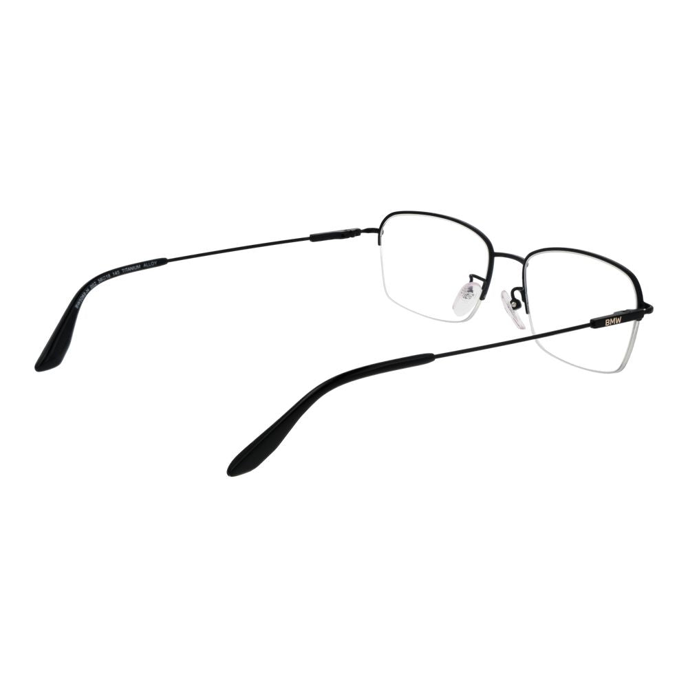 BMW Black Men Glasses Frame in titanium, half-rim rectangle design with demo lenses, 56 size, includes branded case.