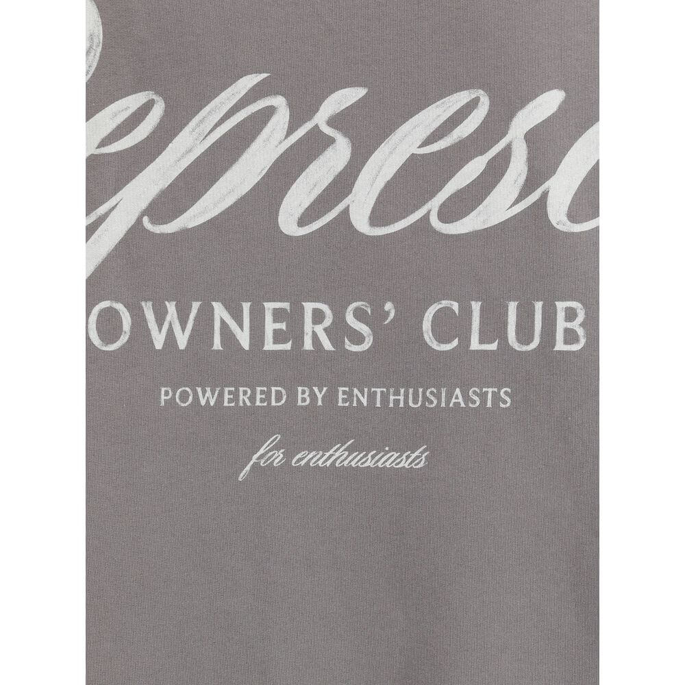 Close-up of print on Represent Gray Cotton Sweatshirt showcasing bold logo lettering in white on gray fabric.