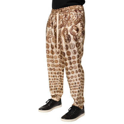 Dolce & Gabbana Beige Coin Print Silk Twill Men Jogger Pants