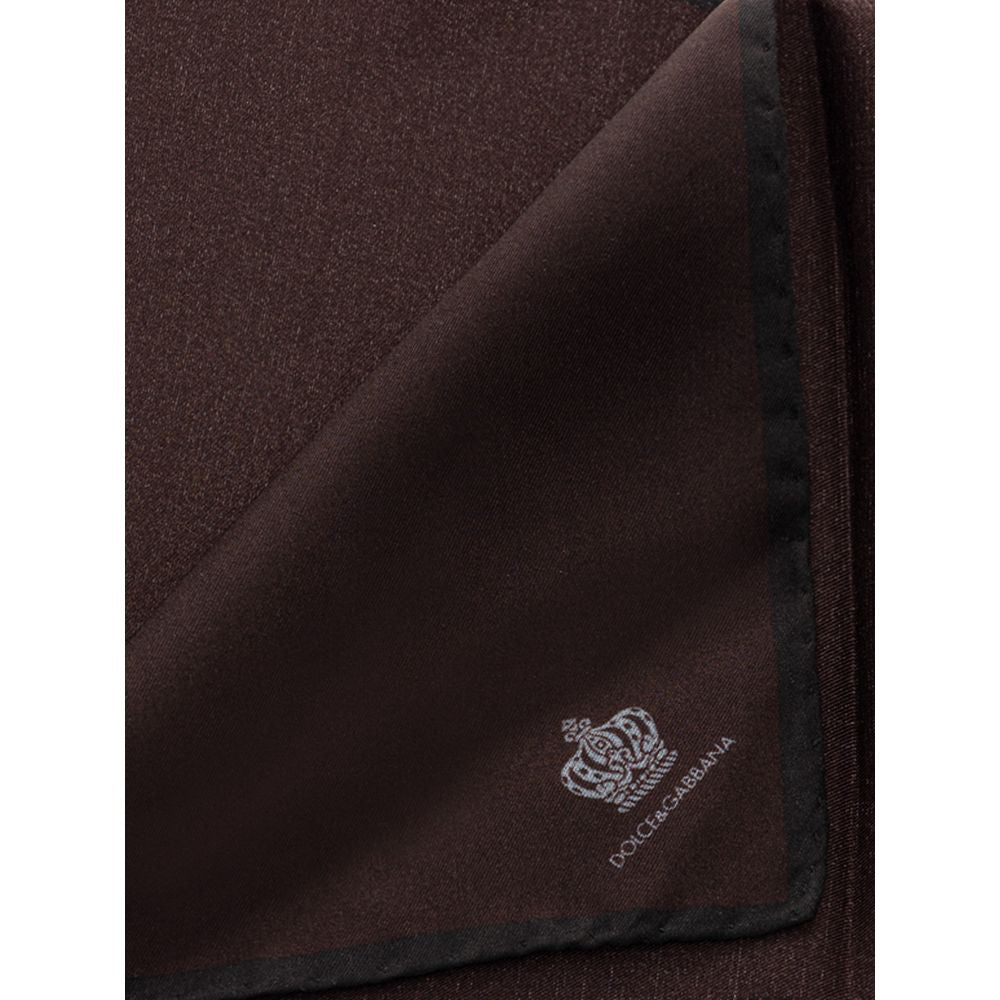 Dolce & Gabbana Brown Silk Pocket Square with logo and black border, shown folded, 100% silk, luxury fashion accessory, 32x32 cm.