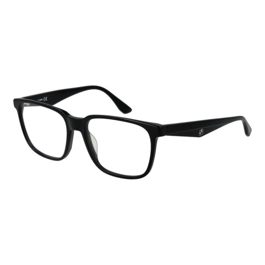 BMW Black Men Glasses Frame with full-rim acetate, rectangular design, demo lenses in black color, size 55-17-145, includes branded case.
