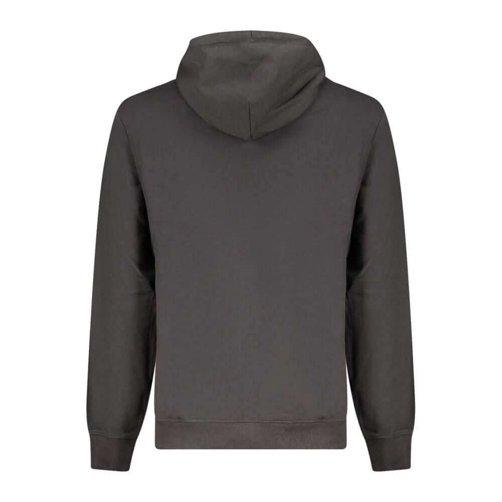 Back view of Tommy Hilfiger Black Cotton Men Sweater showcasing hood and long sleeves, crafted with comfort and style in regenerative cotton.