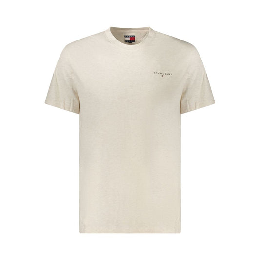 Tommy Hilfiger Beige Cotton Men T-Shirt with logo, sustainable fabric, short sleeves, and classic crew neck.
