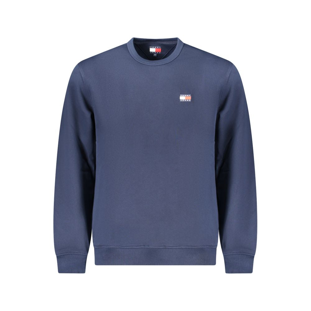 Tommy Hilfiger Blue Cotton Men Sweater with logo applique, casual chic crew neck, sustainable 95% regenerative cotton fashion.