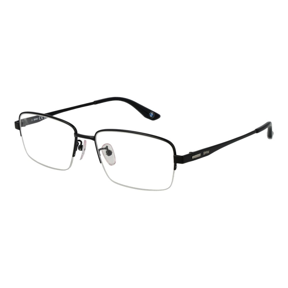 BMW Black Men Glasses Frame, titanium half-rim, rectangle design, demo lenses, includes branded case, size 57-17-145.