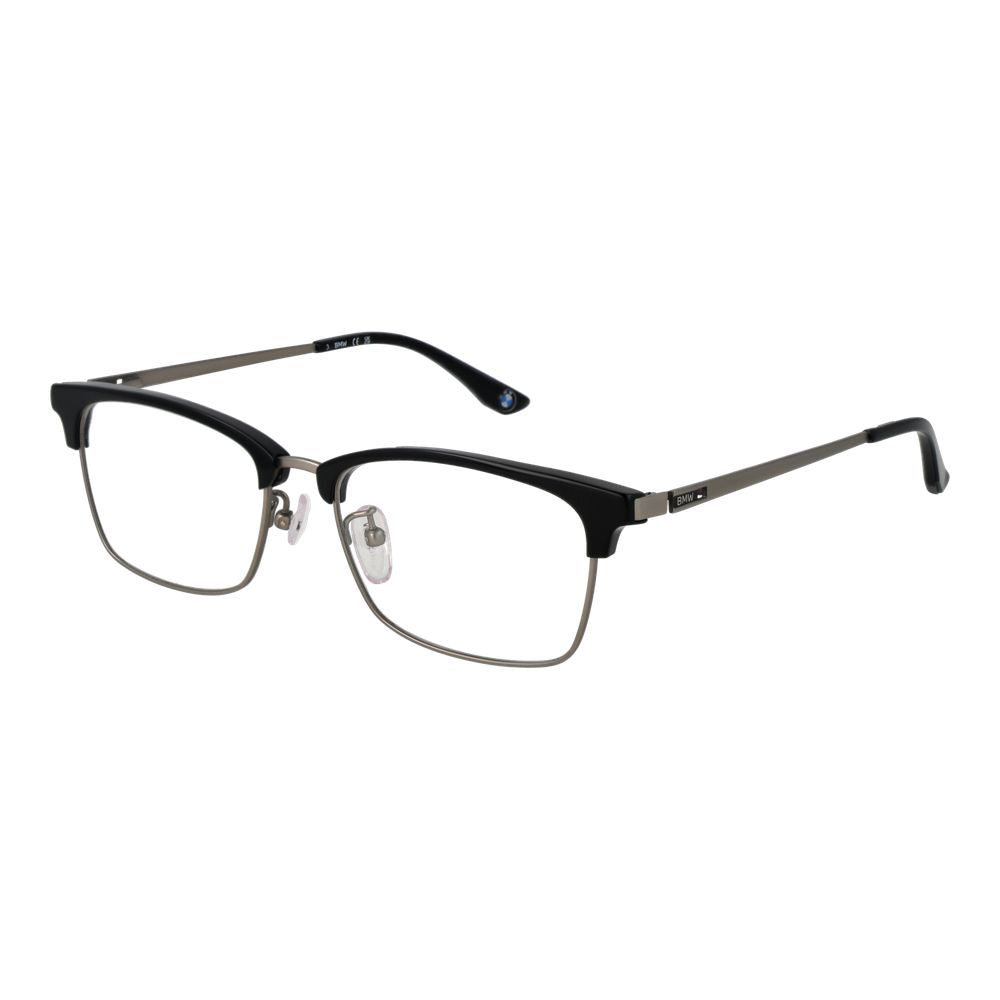 BMW Black Men Glasses Frame in black titanium, full-rim browline style with demo plastic lenses, size 54-17-145, includes branded case.