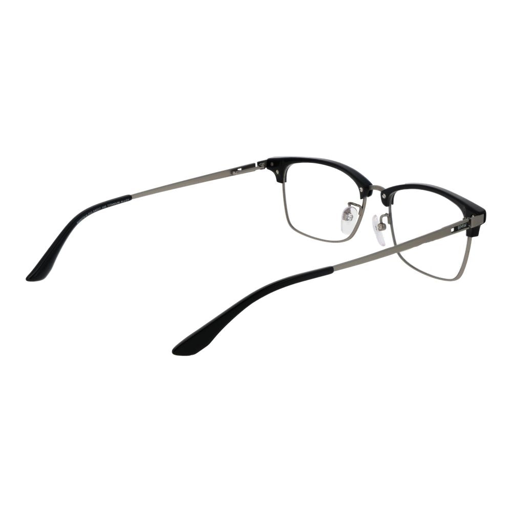 BMW Black Men Glasses Frame with titanium full-rim design, demo lenses, and browline style, including branded case, size 54-17-145.