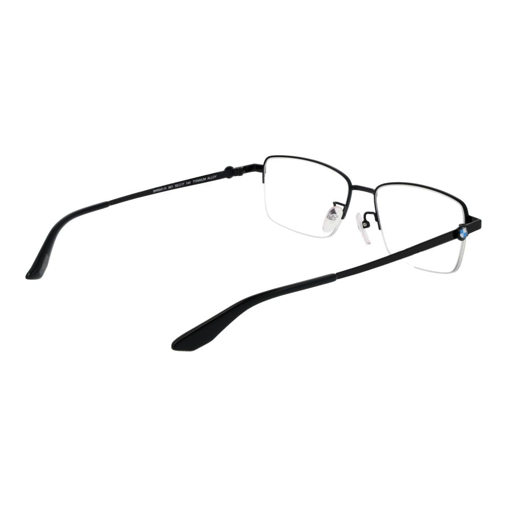 BMW Black Men Glasses Frame, half-rim titanium rectangle style with demo lenses, 55-17-145 size, includes branded case.