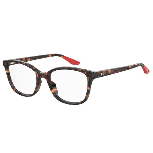 Under Armour Brown Acetate Frames for women with red temple accents, model UA5013086F217, size 52/17/135 mm