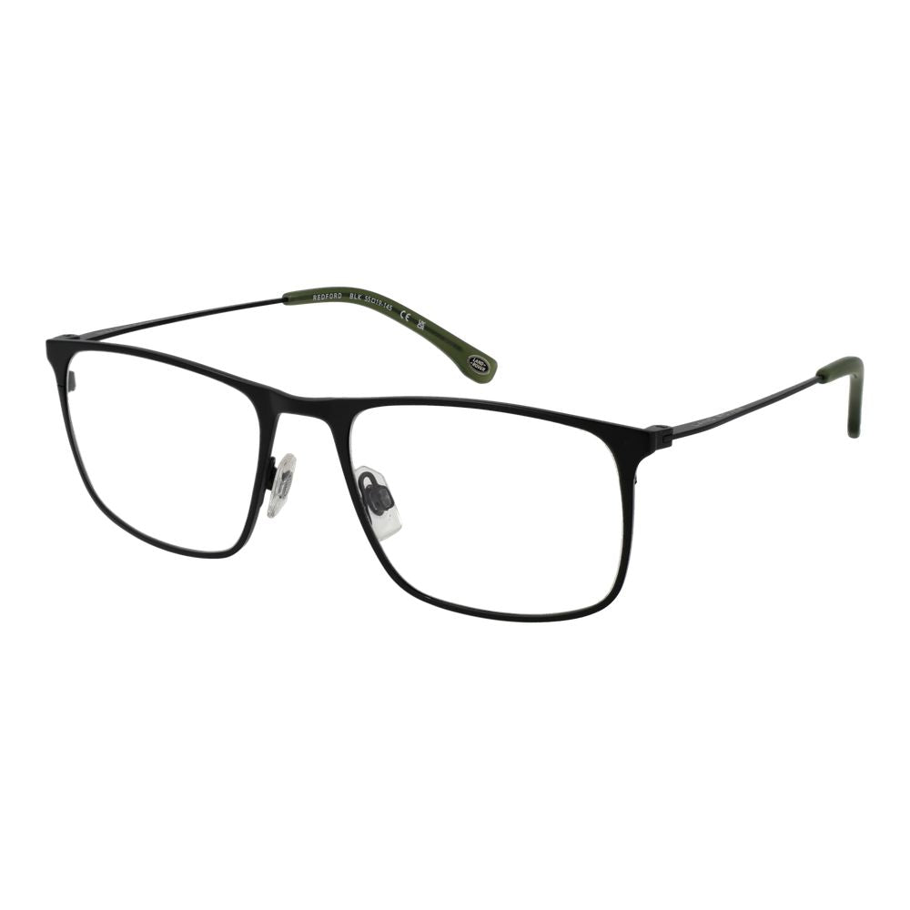 Land Rover Black Men Glasses Frame, rectangular full-rim stainless steel, demo lenses, 55-19-145 sizing, sleek design.