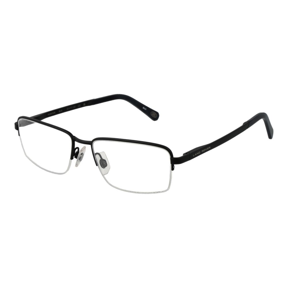 Land Rover Black Men Glasses Frame in stainless steel half-rim design with demo lenses, UVA & UVB protection, and spring hinge.