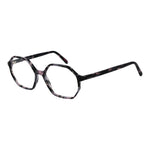 Hexagonal acetate glasses frame in black and pink pattern with clear lenses, viewed from an angle on white background.