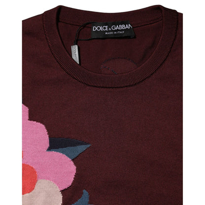 Dolce & Gabbana Maroon Floral Silk Crew Neck Blouse Top