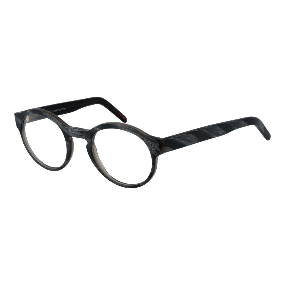 Andy Wolf Gray Unisex Glasses Frame, round acetate full-rim style with demo lenses, includes branded case, size 49-21-145 mm.