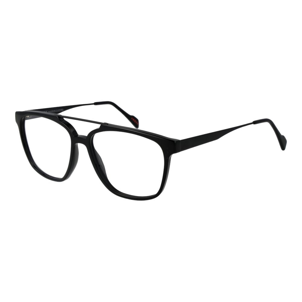 Andy Wolf Black Unisex Glasses Frame, full-rim black metal trapezium style with demo lenses, 56-15-145 size, includes branded case.