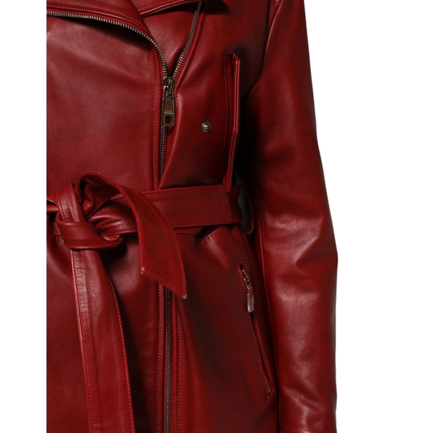 Dolce & Gabbana Red Leather Belted Full Zip Trench Coat Jacket