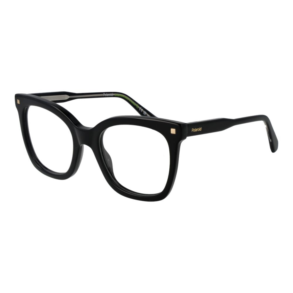 Polaroid Black Women Glasses Frame, full-rim square acetate design, with black demo lenses, size 51-20-145, perfect for women.