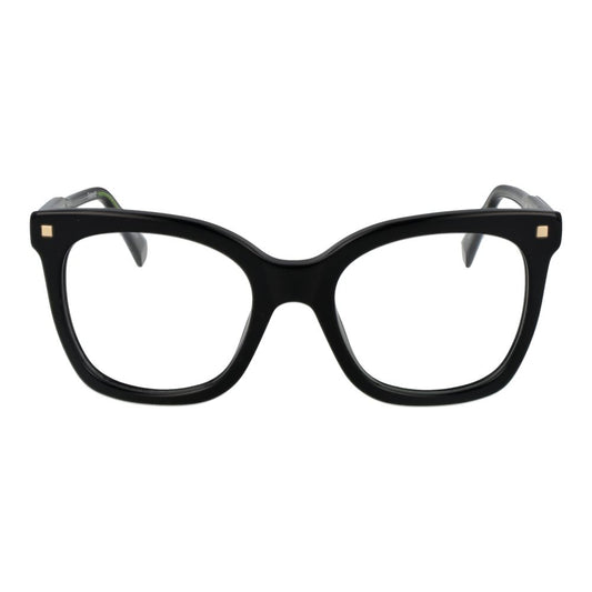 Polaroid Black Women Glasses Frame, full-rim square acetate design, demo lenses, size 51-20-145, with spring hinge, no lens effect.