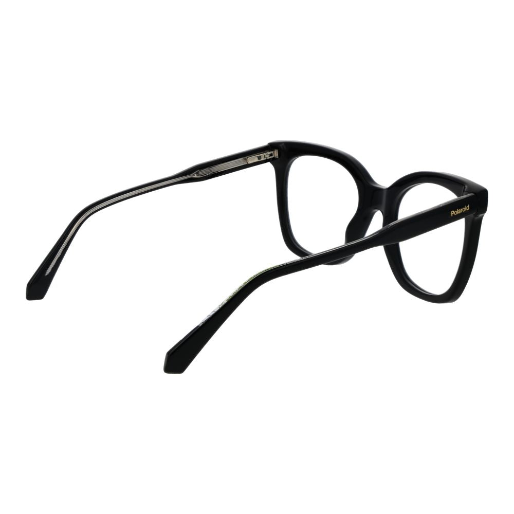 Polaroid Black Women Glasses Frame in full-rim black acetate with demo lenses, 51-20-145 size, featuring spring hinge and square style.